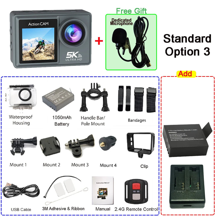 5K Ultra HD Action Camera with Dual LCD & Wireless Mic