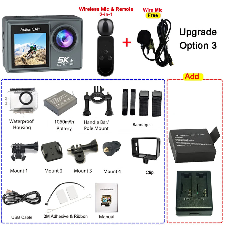 5K Ultra HD Action Camera with Dual LCD & Wireless Mic